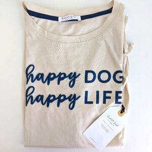 NWT Embroidered Cuffed Sleeves T Shirt WOMENS M/ L Happy Dog Happy Life Beige